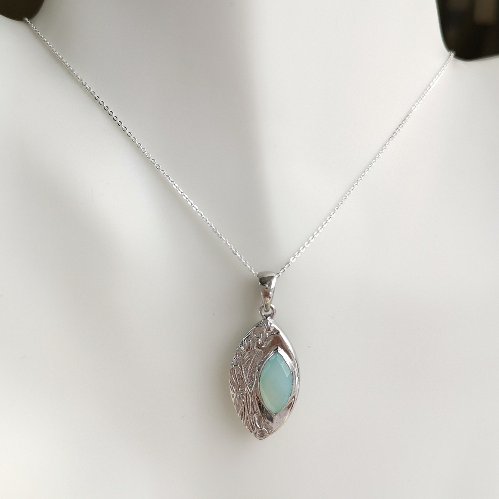Aqua chalcedony pendant Necklace Art Nouveau Sterling Silver 🆕 - Picture 8 of 14